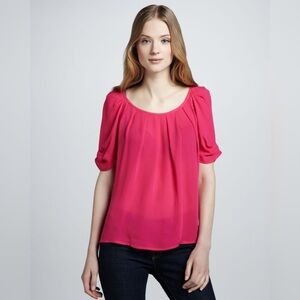 Joie Pleated Short Sleeve Back Tie Neckline 100% Silk Top Blouse Hot Pink Sz S